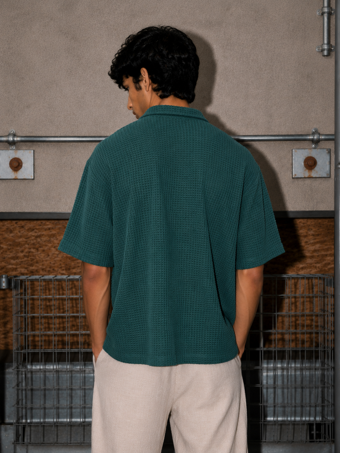 Green Waffle Knit Cuban Collar Shirt