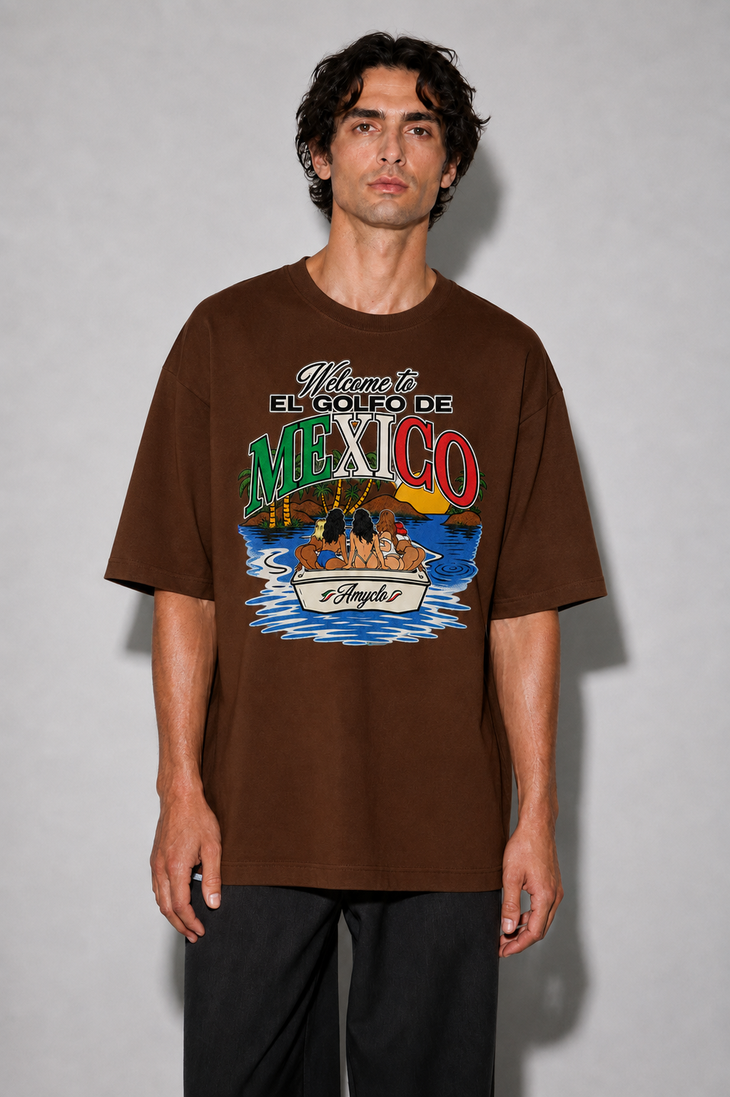Paradise Postcard Oversized Fit Cotton T-Shirt - Brown