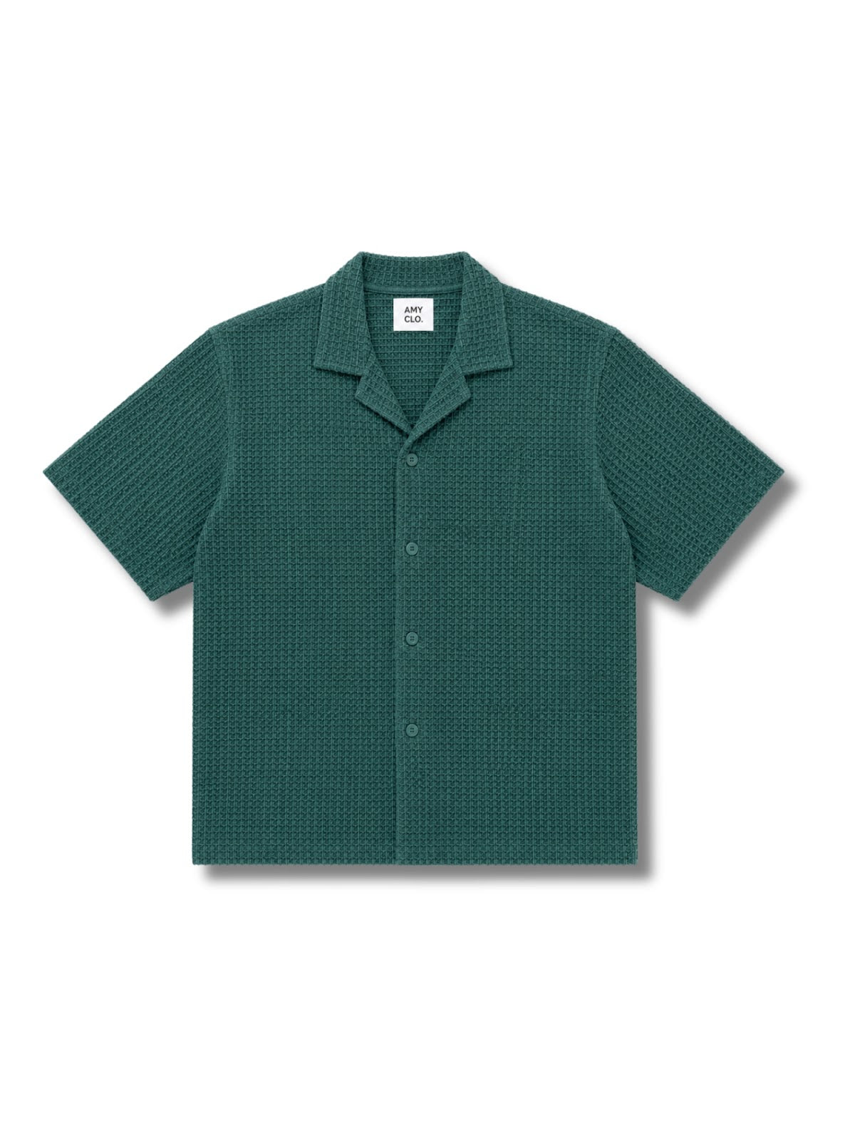 Green Waffle Knit Cuban Collar Shirt