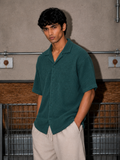 Green Waffle Knit Cuban Collar Shirt