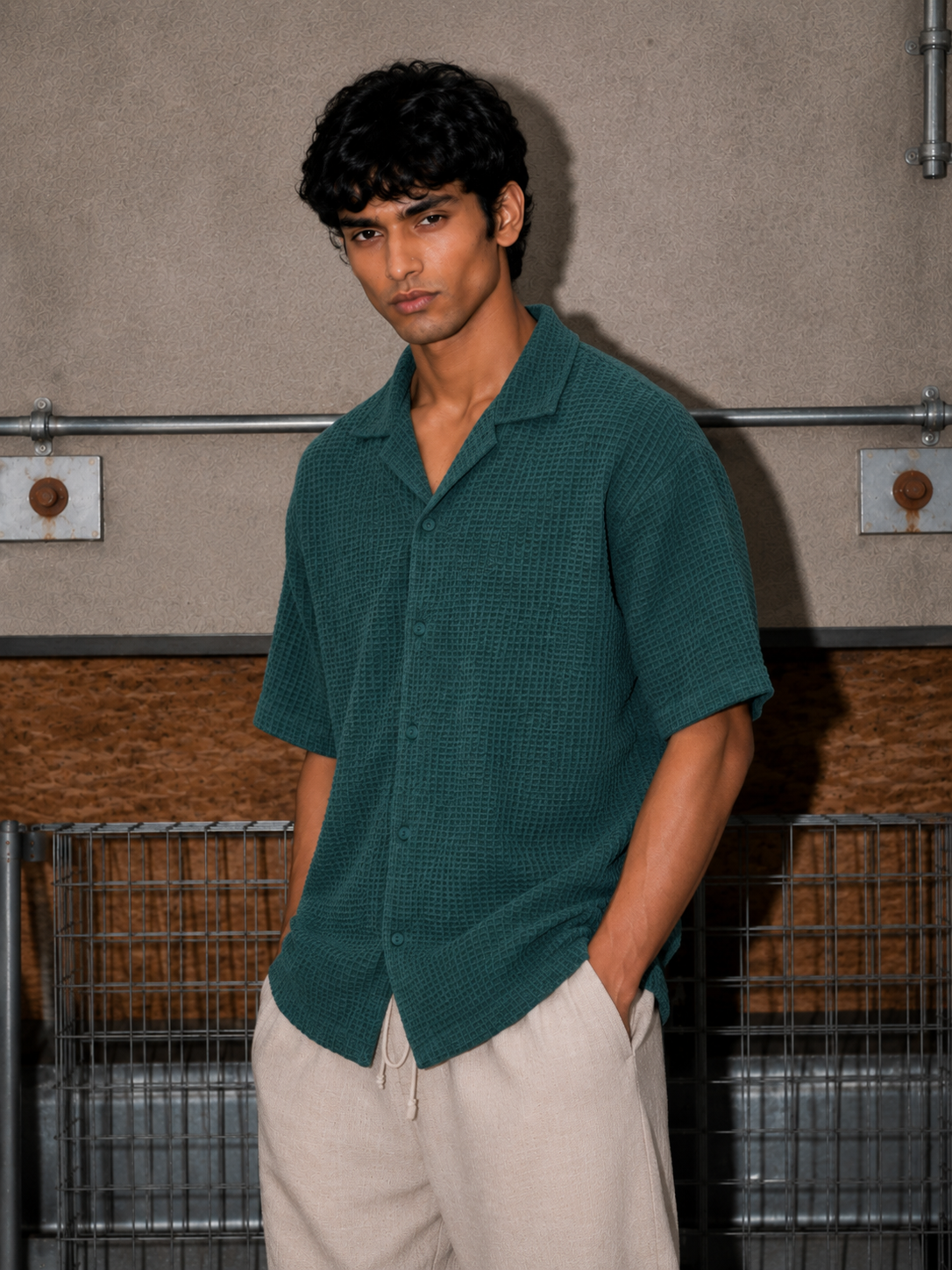 Green Waffle Knit Cuban Collar Shirt