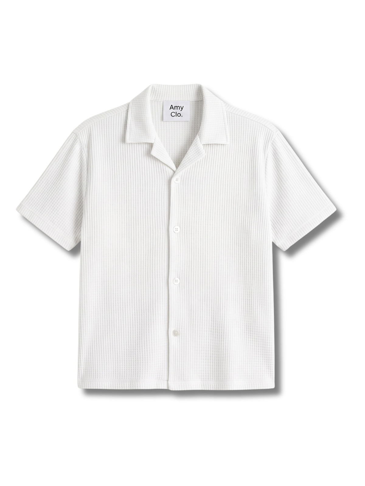 White Waffle Knit Cuban Collar Shirt