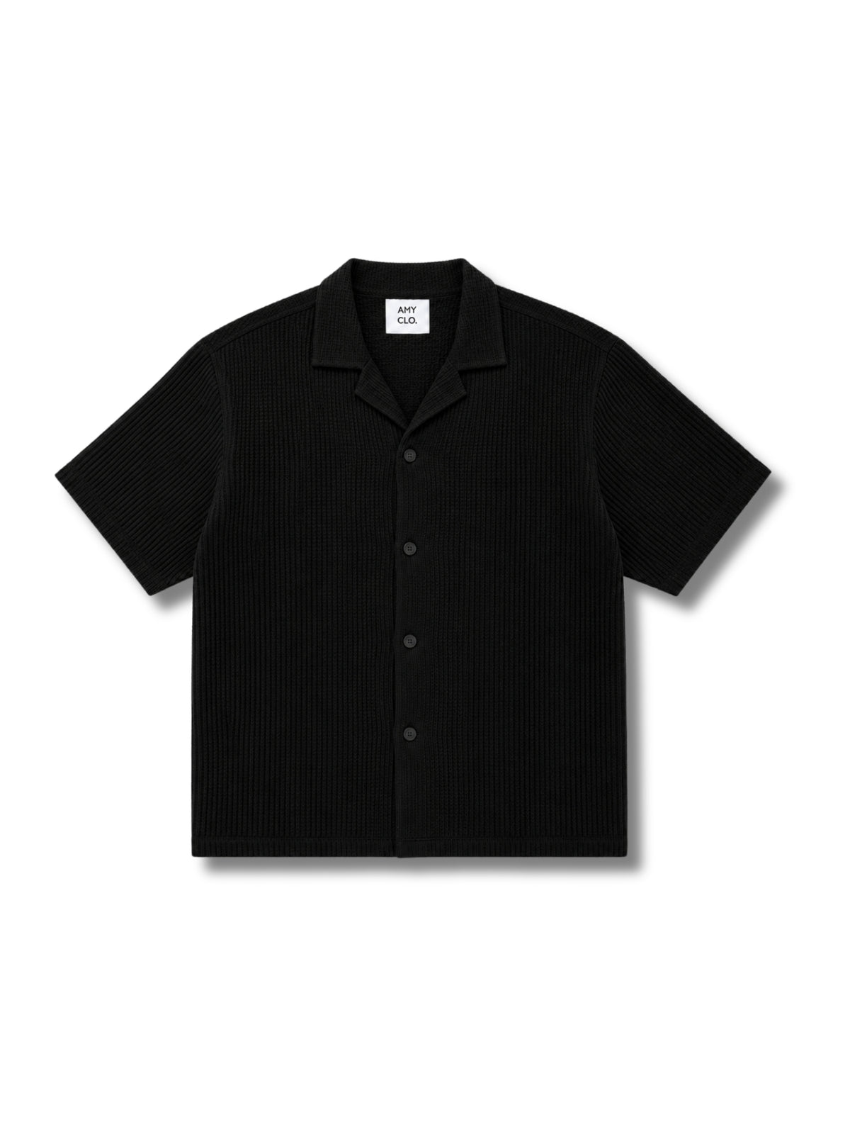 Black Waffle Knit Cuban Collar Shirt