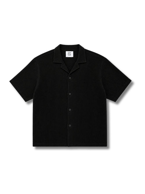 Black Waffle Knit Cuban Collar Shirt