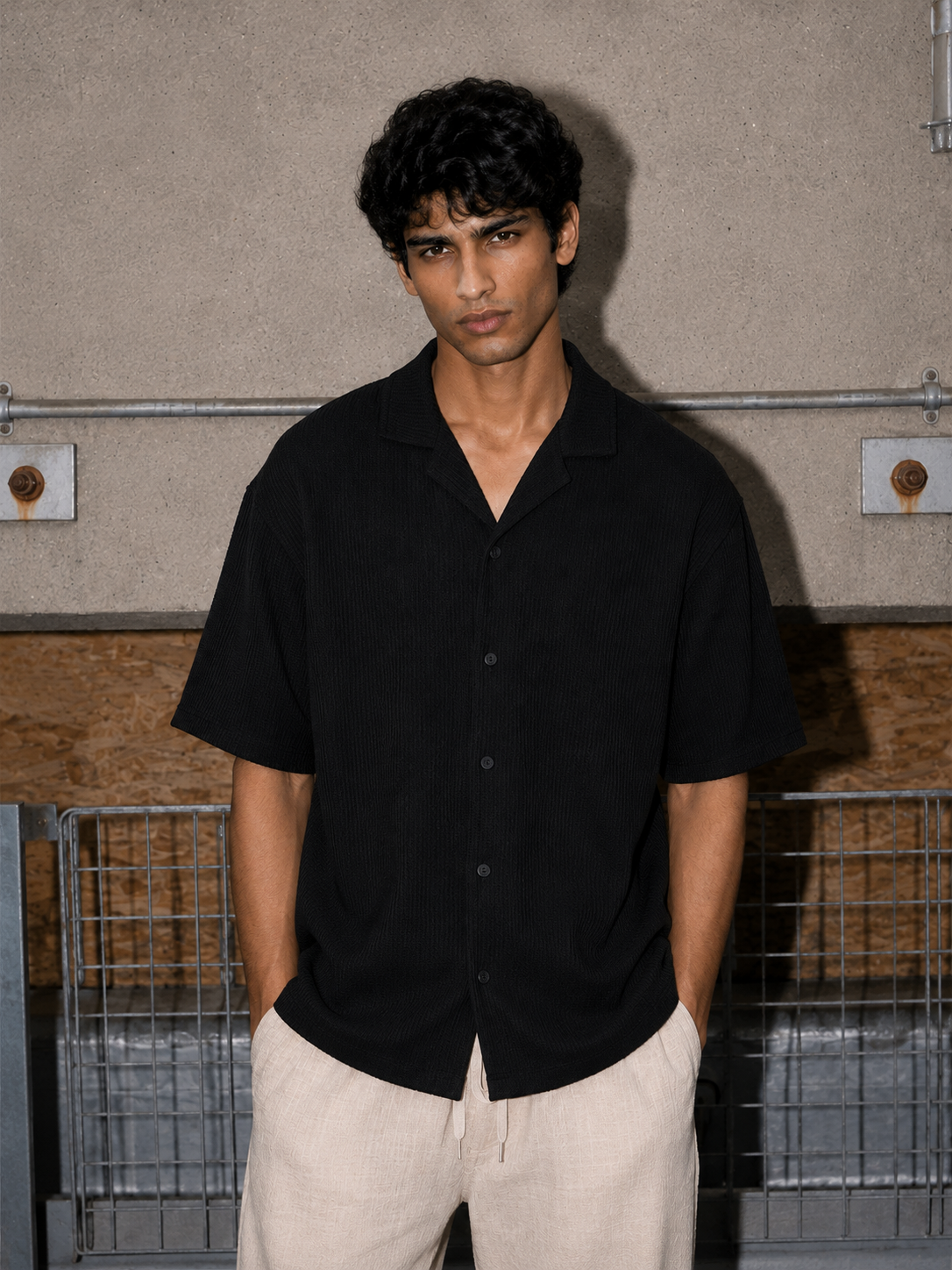 Black Waffle Knit Cuban Collar Shirt