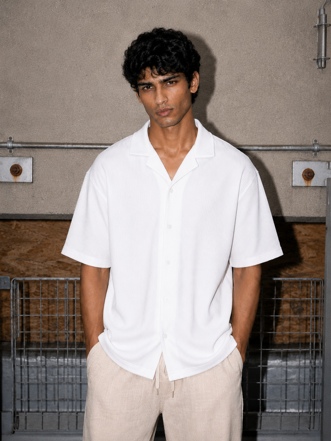 White Waffle Knit Cuban Collar Shirt