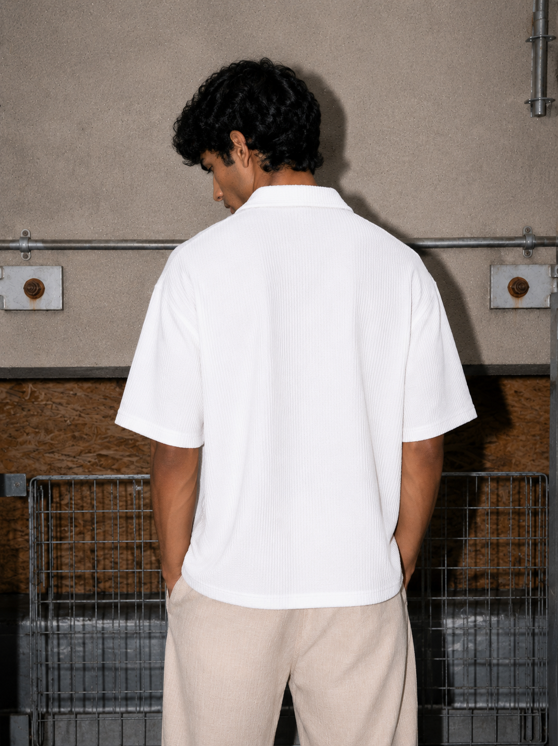White Waffle Knit Cuban Collar Shirt
